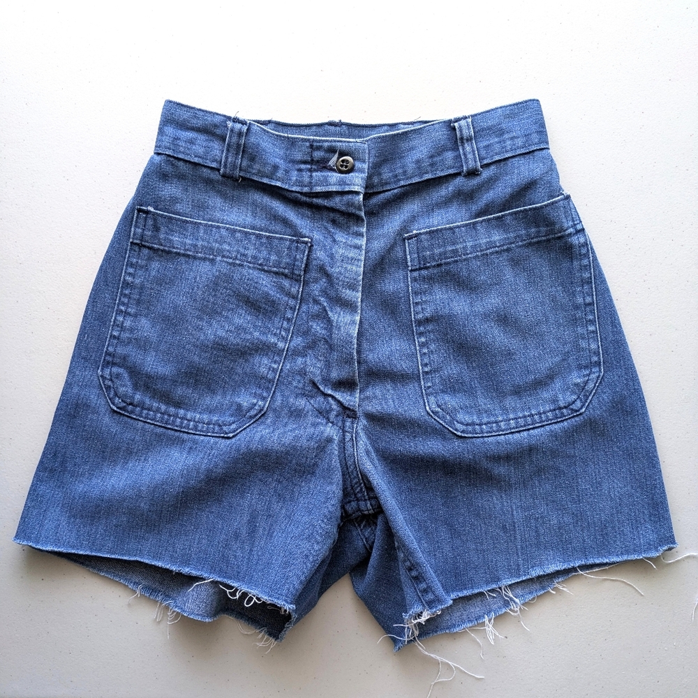 Vintage Sailor Jean Cutoff Shorts High Waist Rise Pinup Navy Dungaree Denim 24